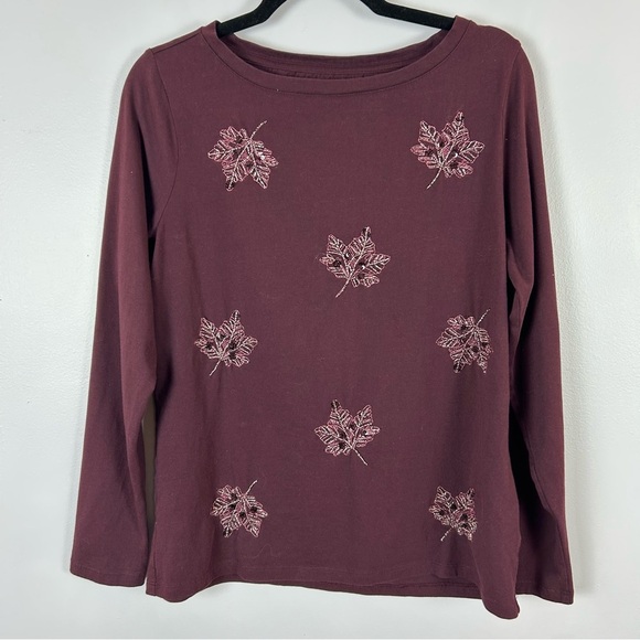 Talbots Autumn Embellished Red and Silver Crewneck Tee Size Medium - Picture 3 of 11